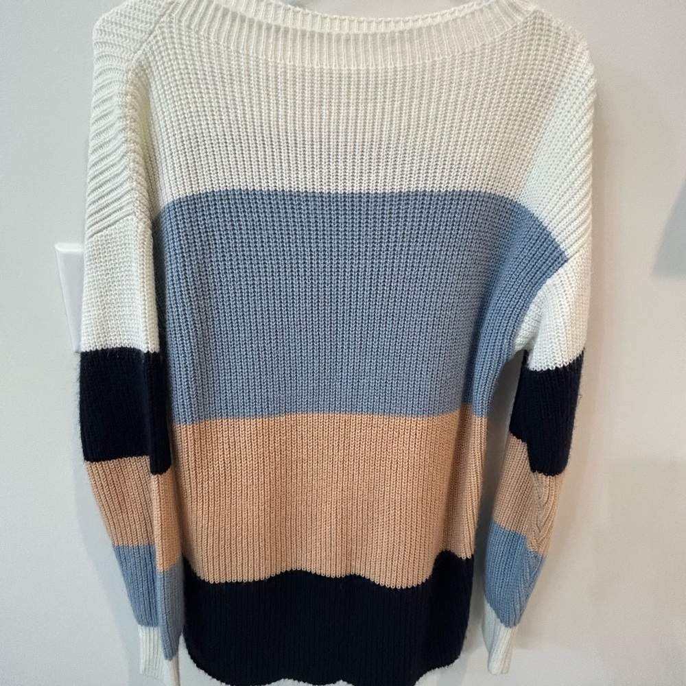 Striped Women's Sweater - Cream, Blue, and Black. Oversized. Legging friendly